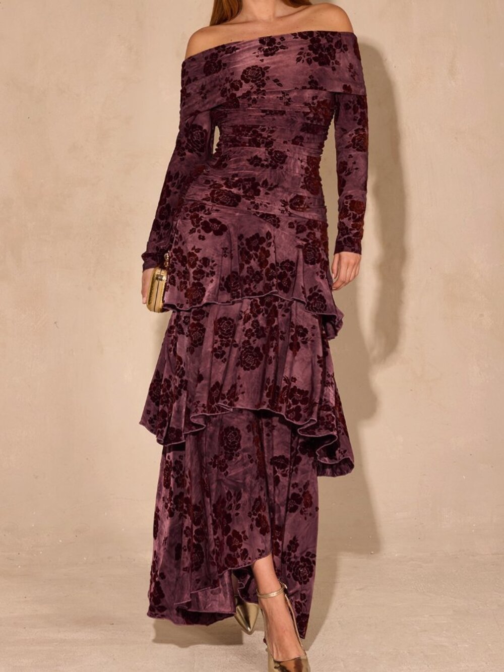 Burgundy Ruched Floral Off The Shoulder High Waist A-Line Dress - Picture 6 of 7